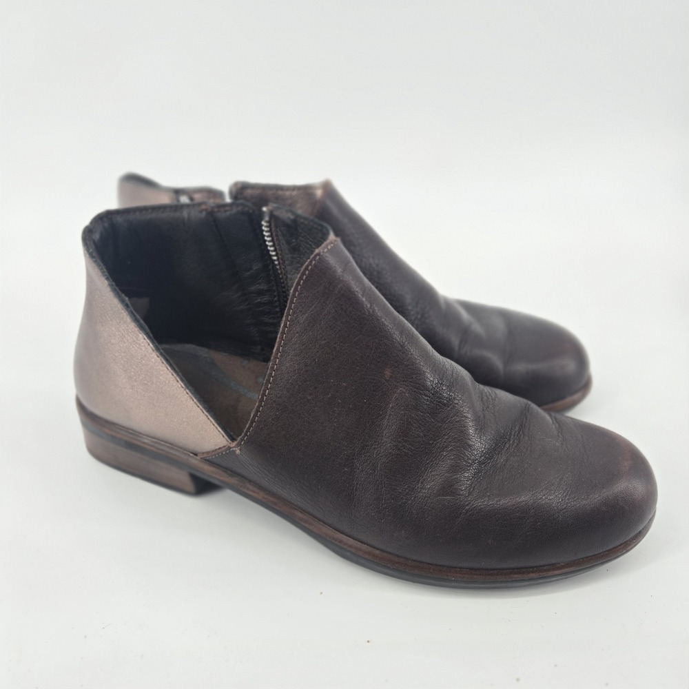Naot Womens 38 US 7  Brown Bronze Bayamo Ankle Booties Leather Side Zip Heels
